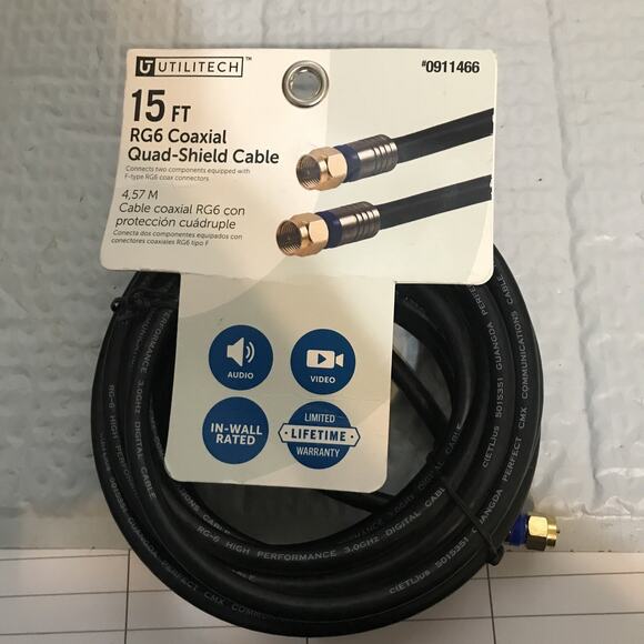 UTILITECH 15ft RG6 Coaxial Quad-Shield Cable, Black - Picture 1 of 6